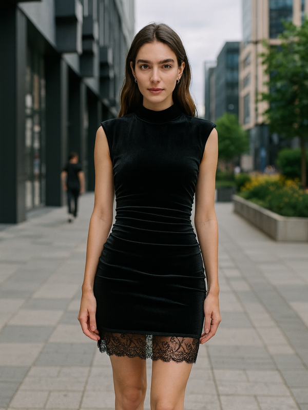 Vestido Veludo com Renda